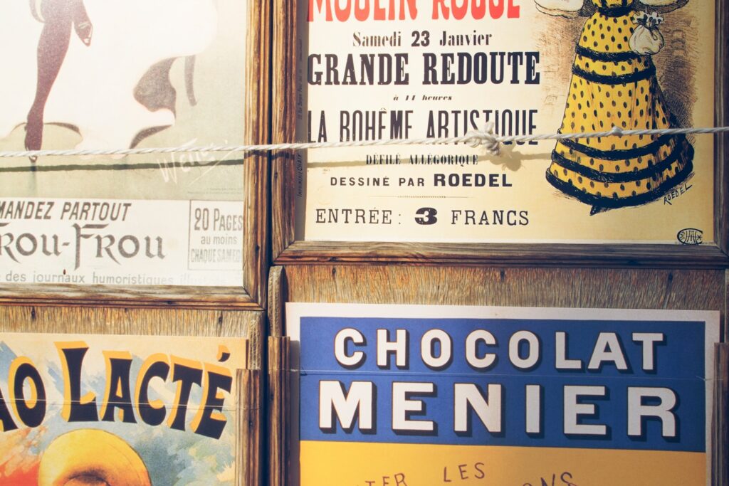 Vintage, Parisian posters found in Paris, France.