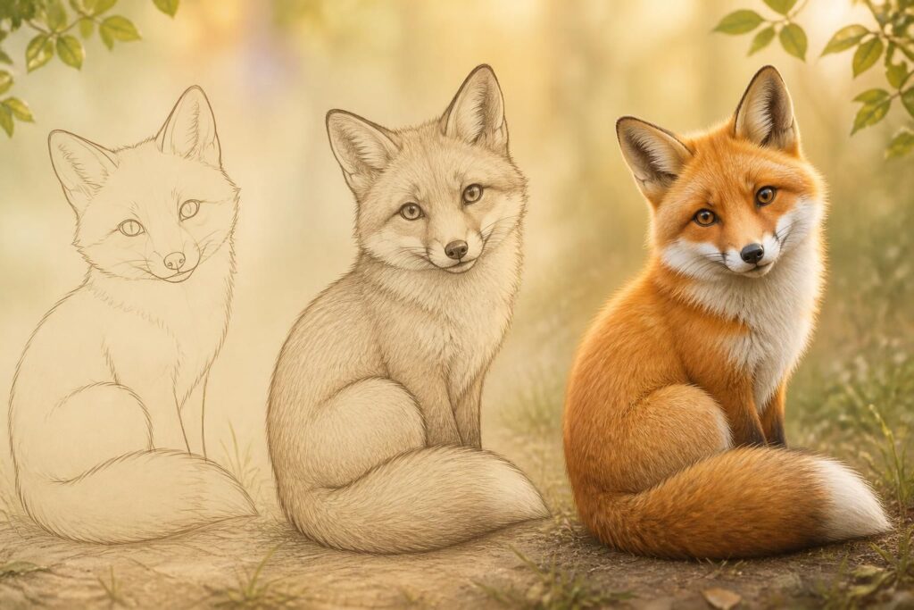 apprenez à dessiner un renard facilement grâce à notre tutoriel simple et adapté aux débutants et aux enfants. suivez les étapes pour créer un dessin mignon et amusant.
